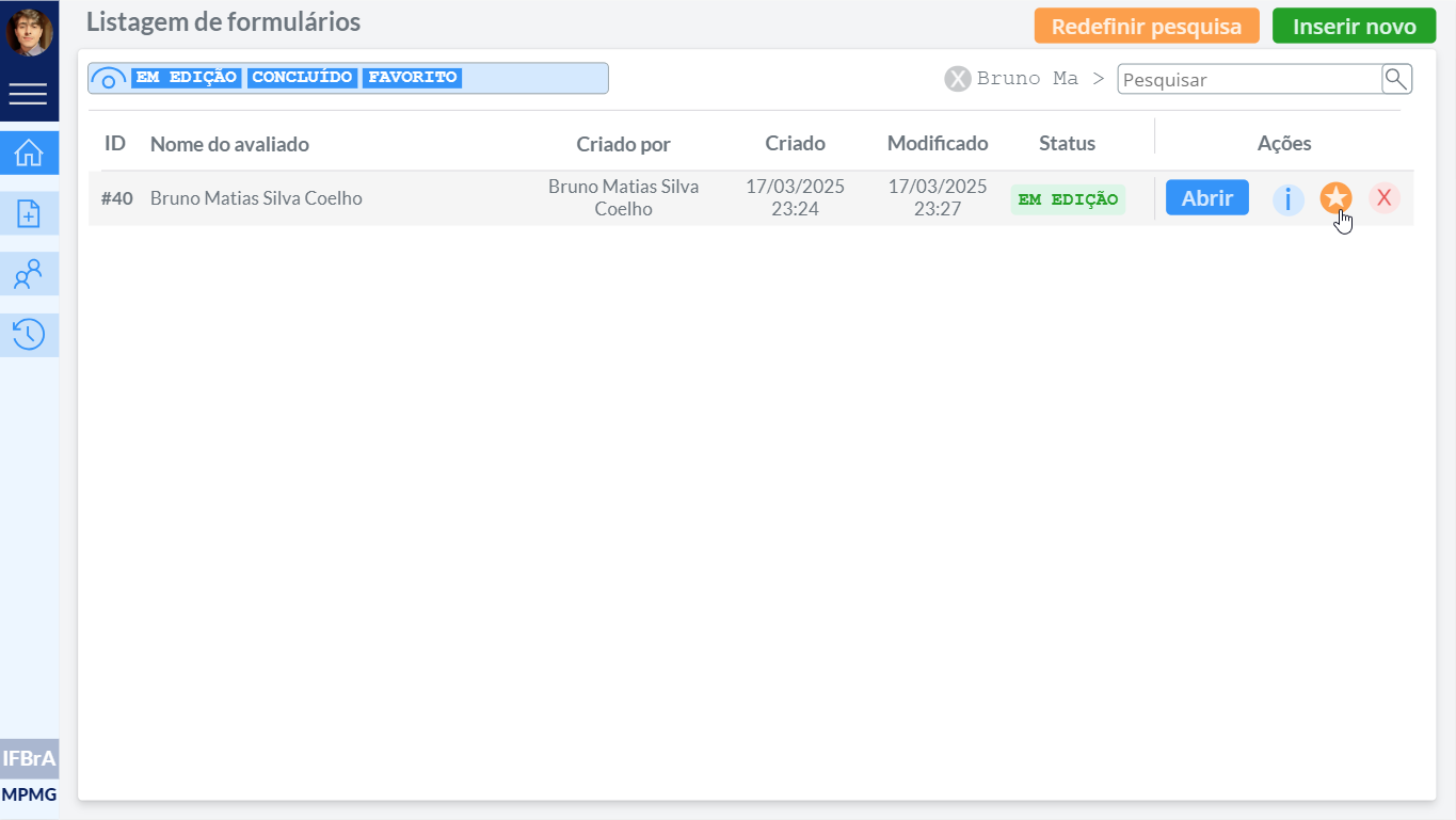 Form list filtered by name, with one form in progress marked as favourite