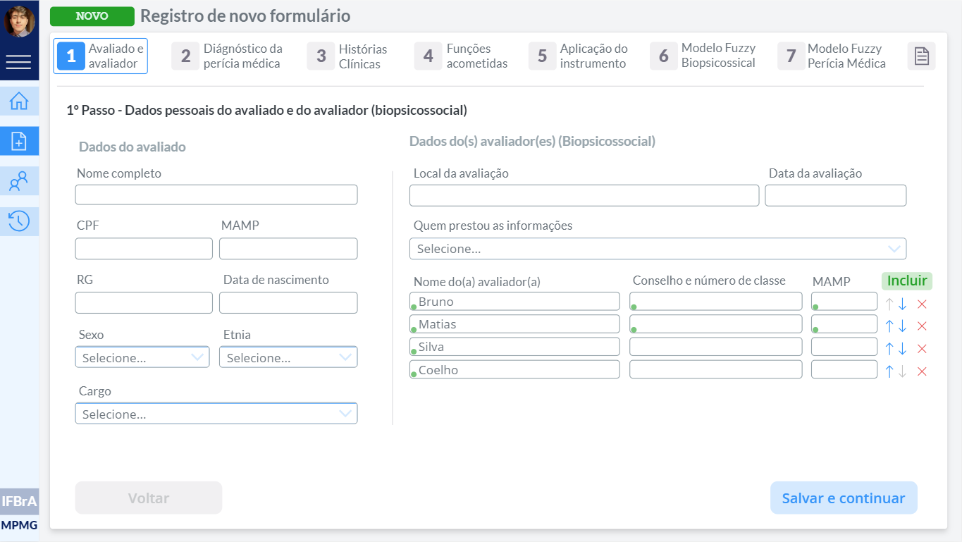 Step 1 of the new form: assessed person and evaluator details