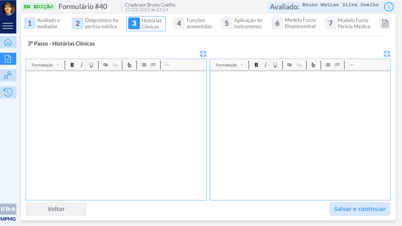 Step 3: two rich-text editors for the clinical history