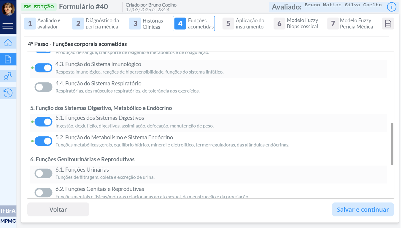 Step 4: toggles for each affected body function, with descriptions