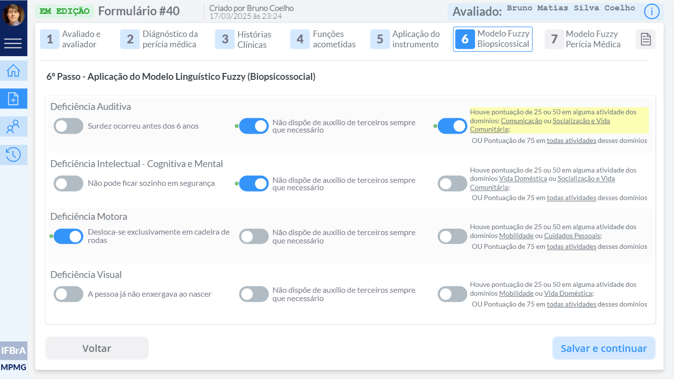Step 6: biopsychosocial fuzzy model questions for each disability type