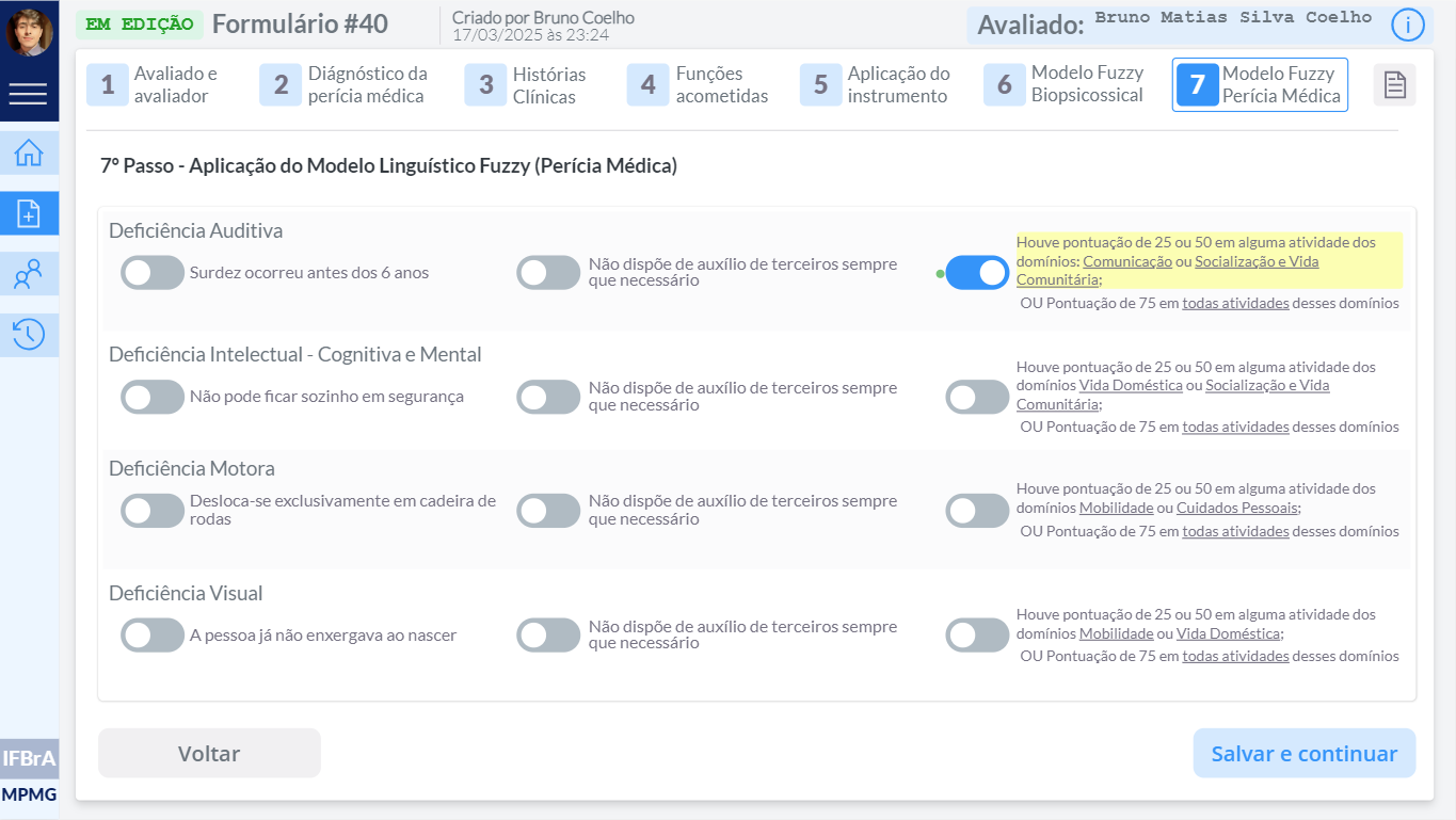 Step 7: medical fuzzy model questions for each disability type