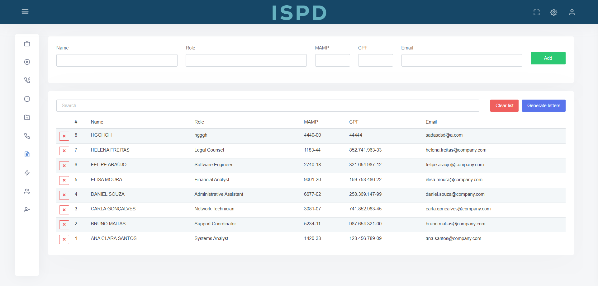 User management screen with a registration form and a list of users