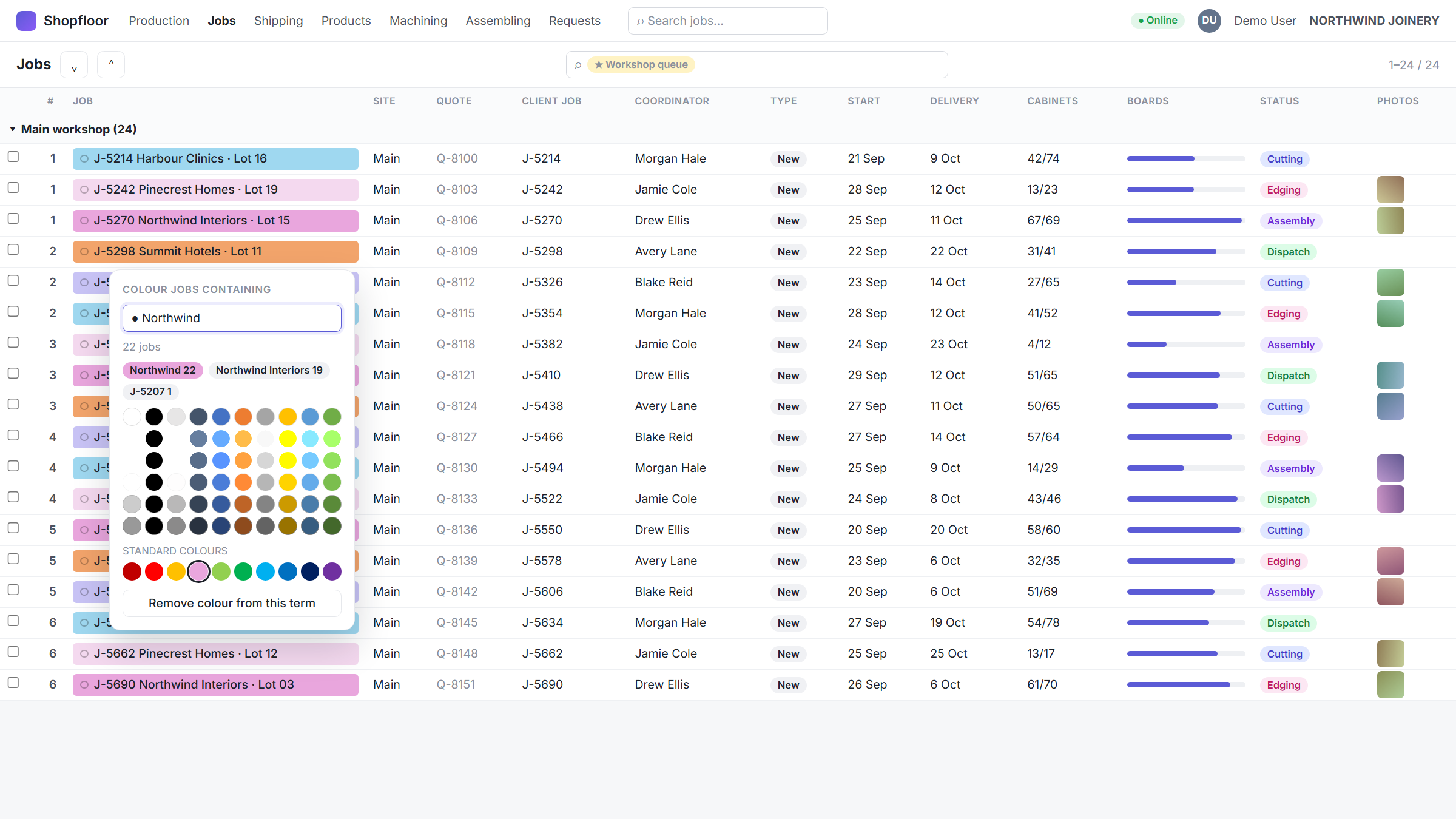 Colour picker that paints every work order of a client, shared across the team