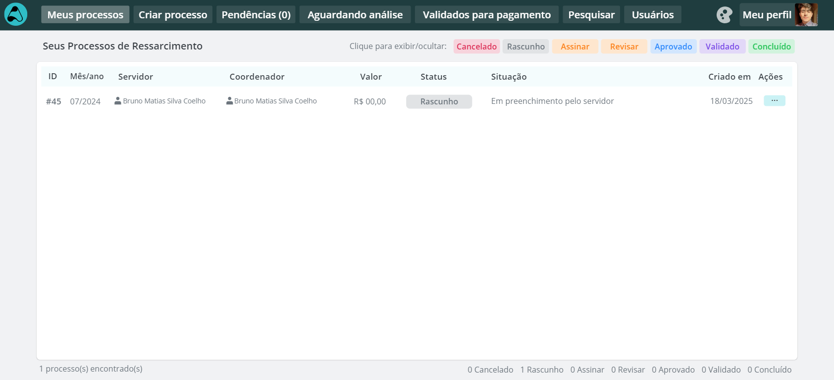 List of the user’s own reimbursement processes with status filters