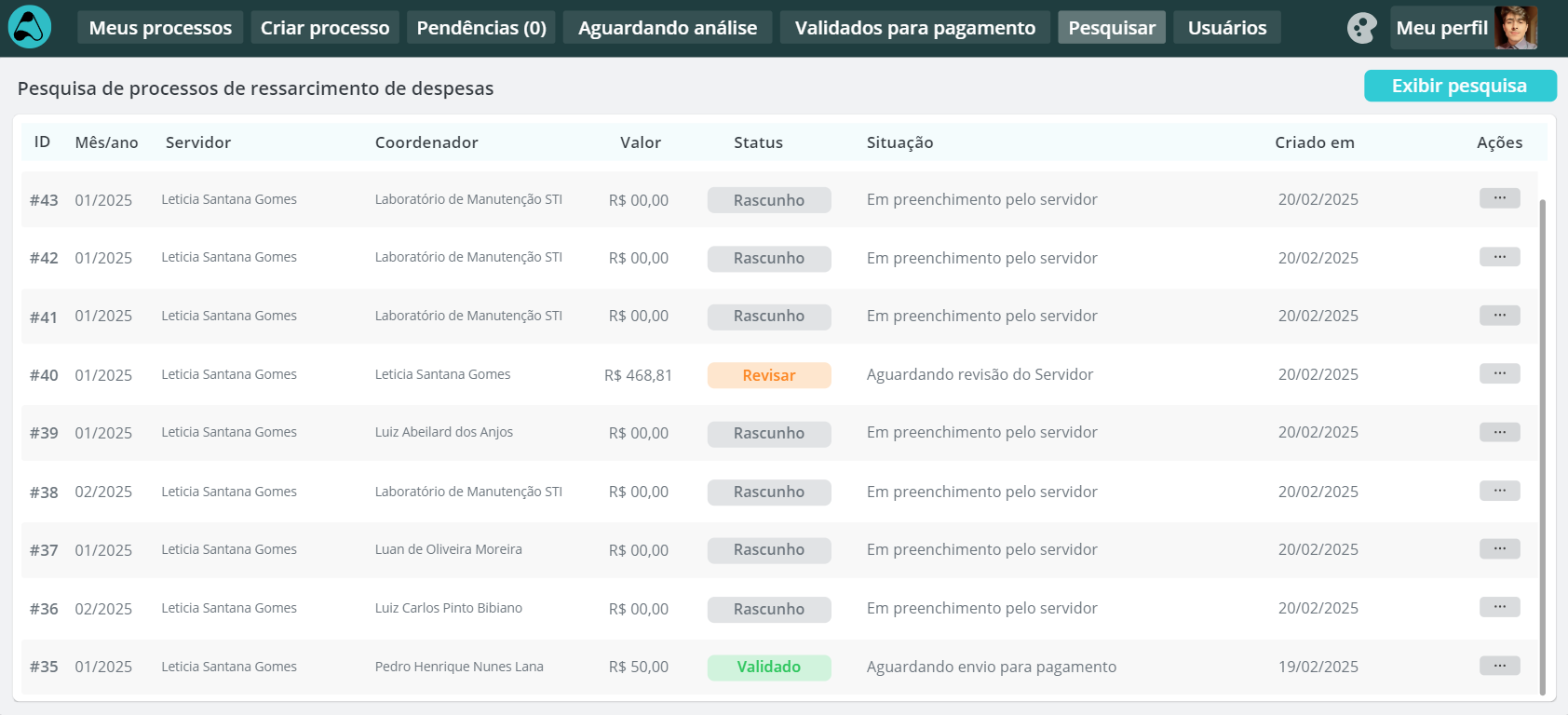 Search results with process ID, period, employee, coordinator, amount and status