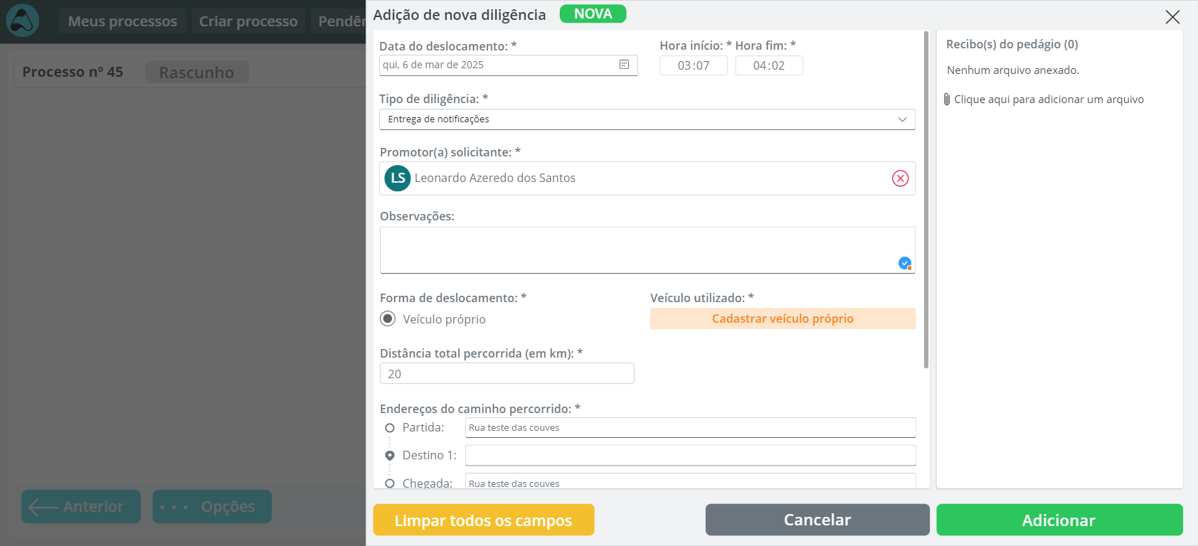 Form for adding a trip, with date, times, requester, vehicle, distance, route and receipts