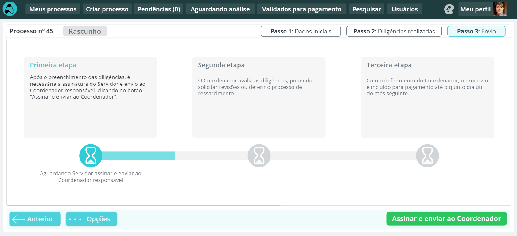 Three-step approval tracker, waiting for the employee to sign and send to the coordinator