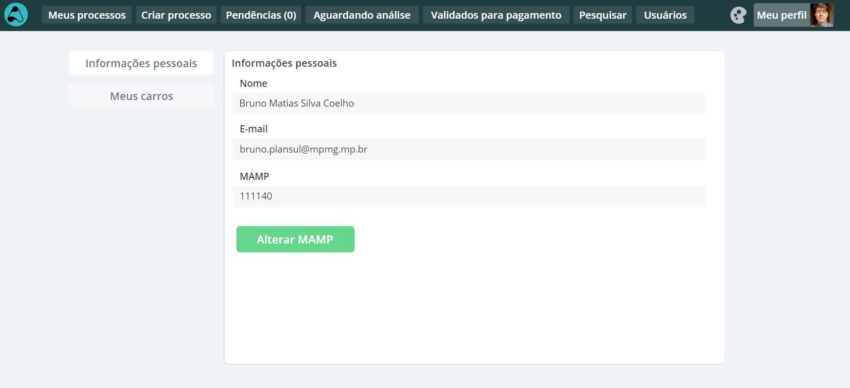 Profile page with personal details and a registered vehicles tab