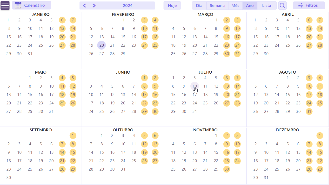 Year view with weekends and holidays highlighted across all twelve months