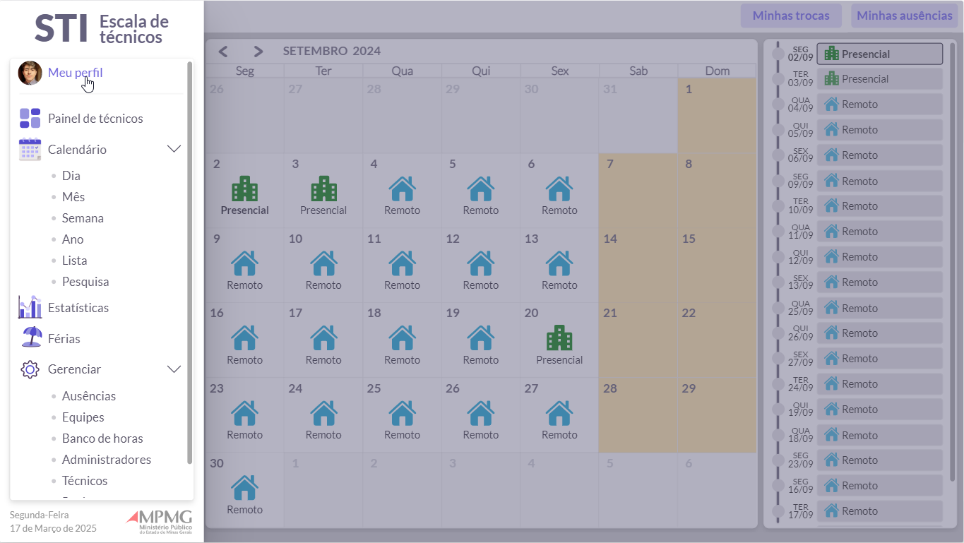 Personal schedule view with side menu and a month calendar of on-site and remote days