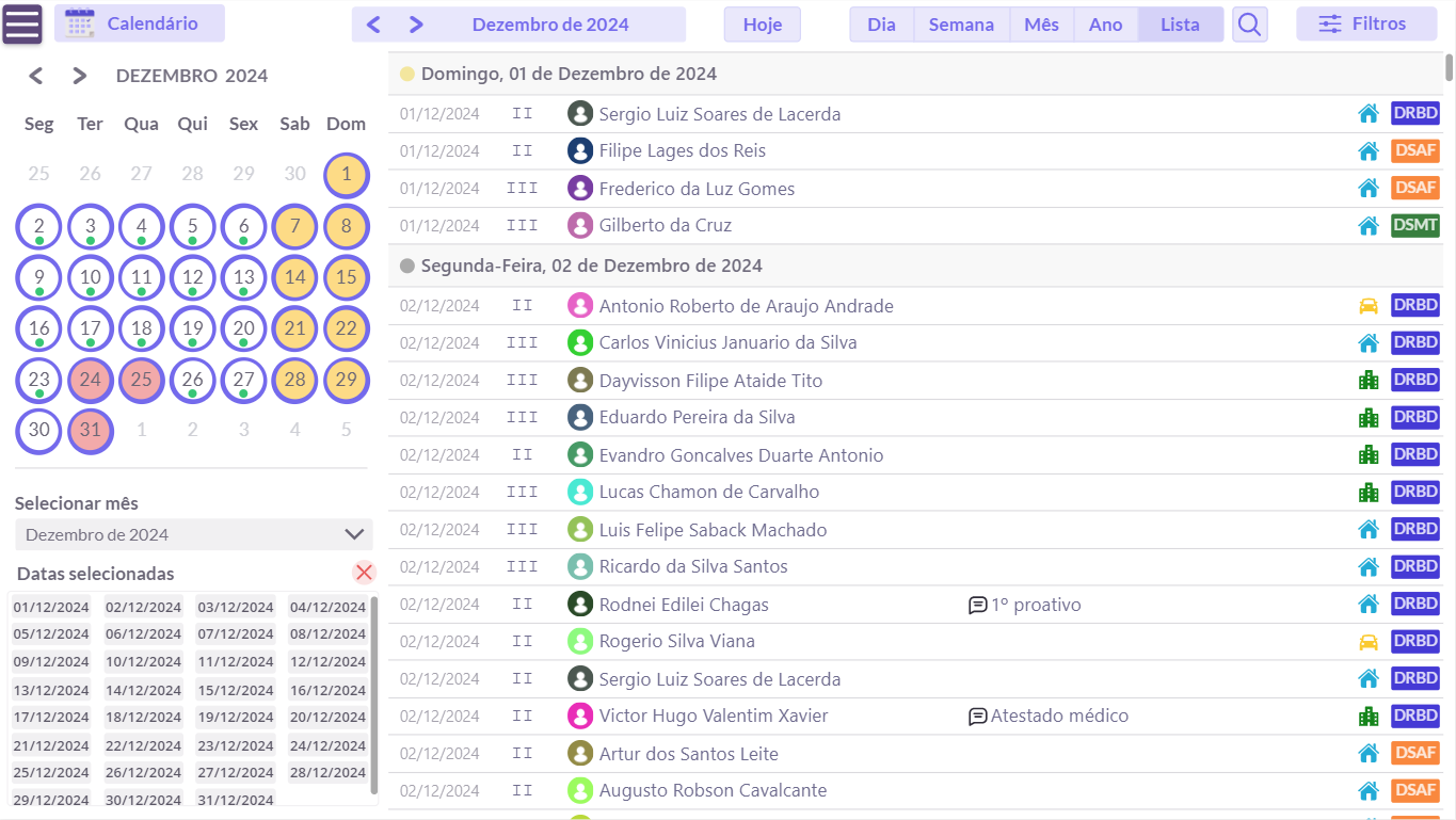 List view of December shifts, grouped by day, with modality and team per technician
