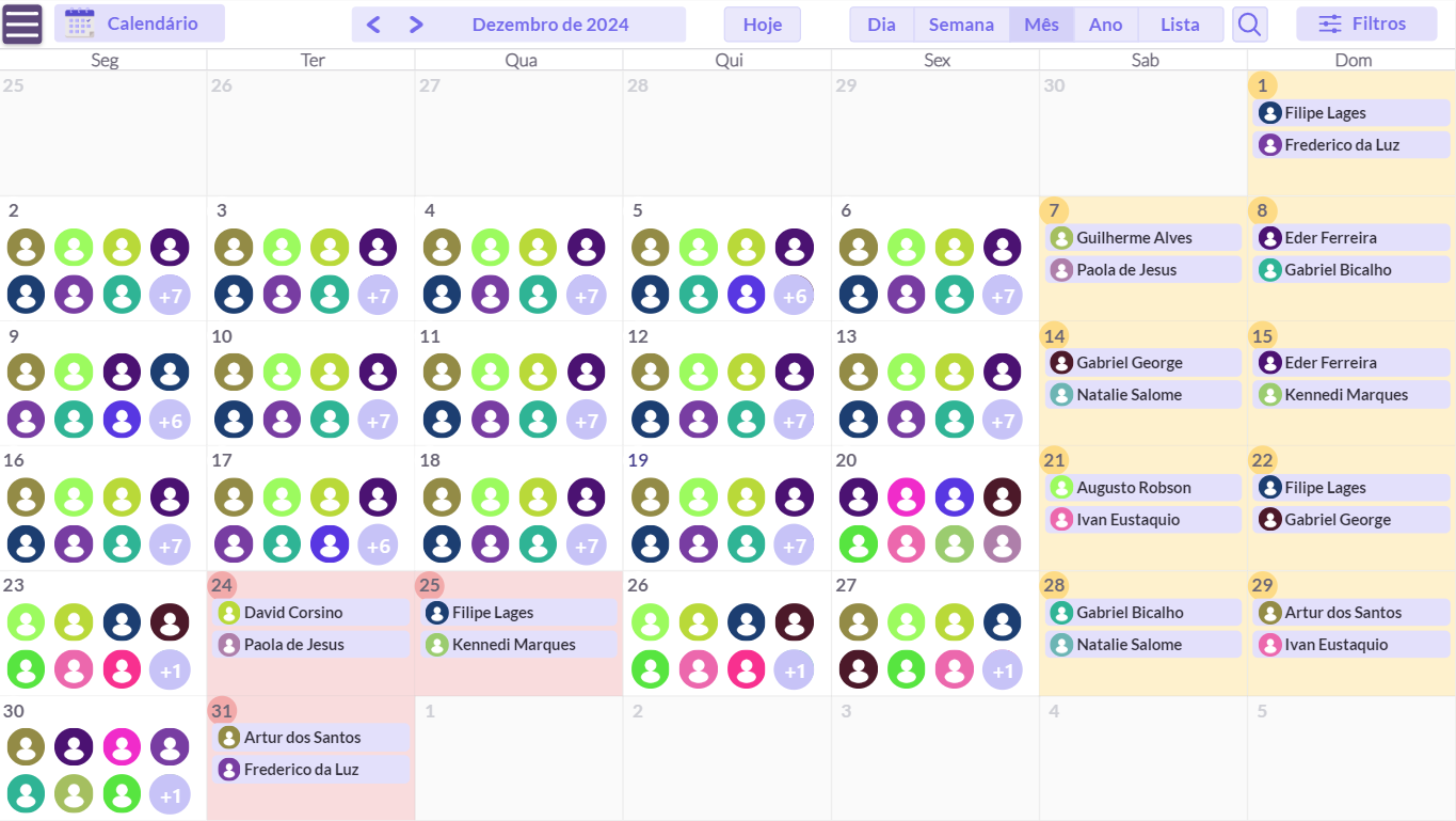 Month view with technician avatars per weekday and named weekend and holiday shifts